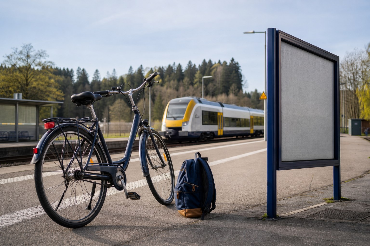 Alltagsrad und Rucksack an einem ruhigen Bahnsteig mit Regionalzug