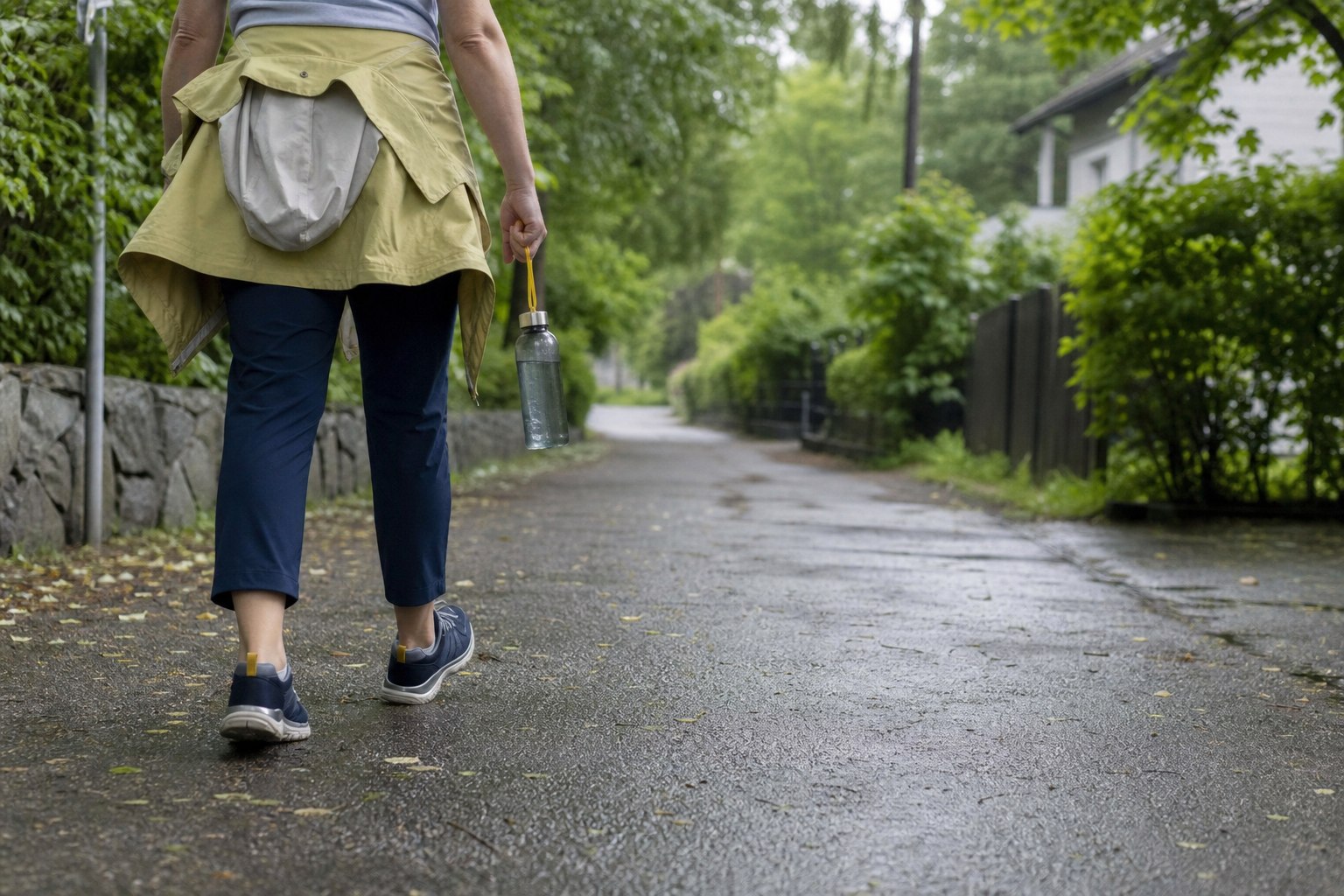 Person in bequemen Schuhen bei einem Spaziergang auf einem regennassen Wohnweg